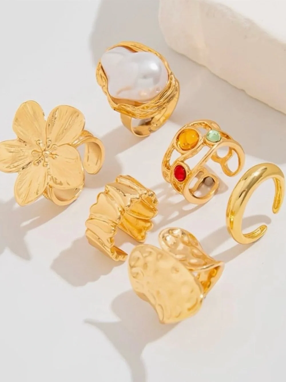 Gold Floral & Pearl Rings. Accent Chunky Gold Stackable Ring Set /Knuckle